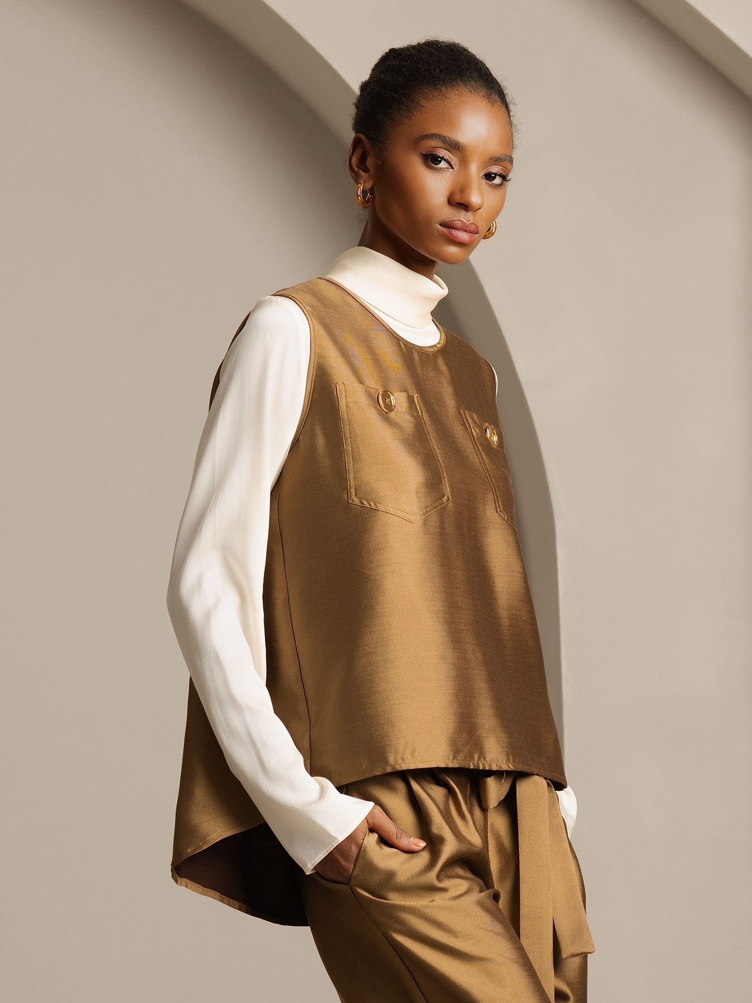 [Brons] SilkSilky-NL 32Momme Silk-Wool Blend Womens Vest 003,