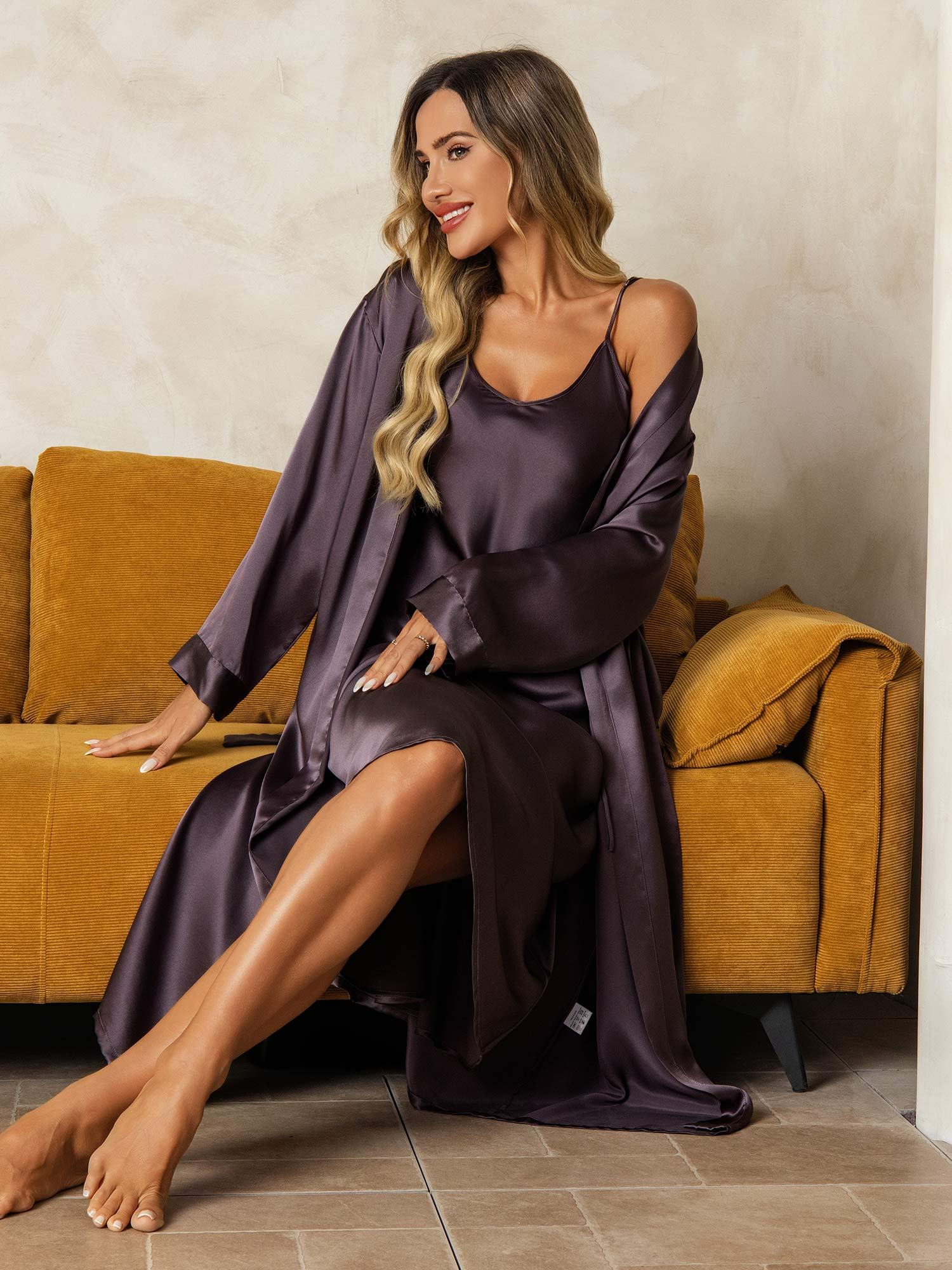 [PaarsGrijs] SilkSilky-NL Zijde Nightgown&Robe Set 004