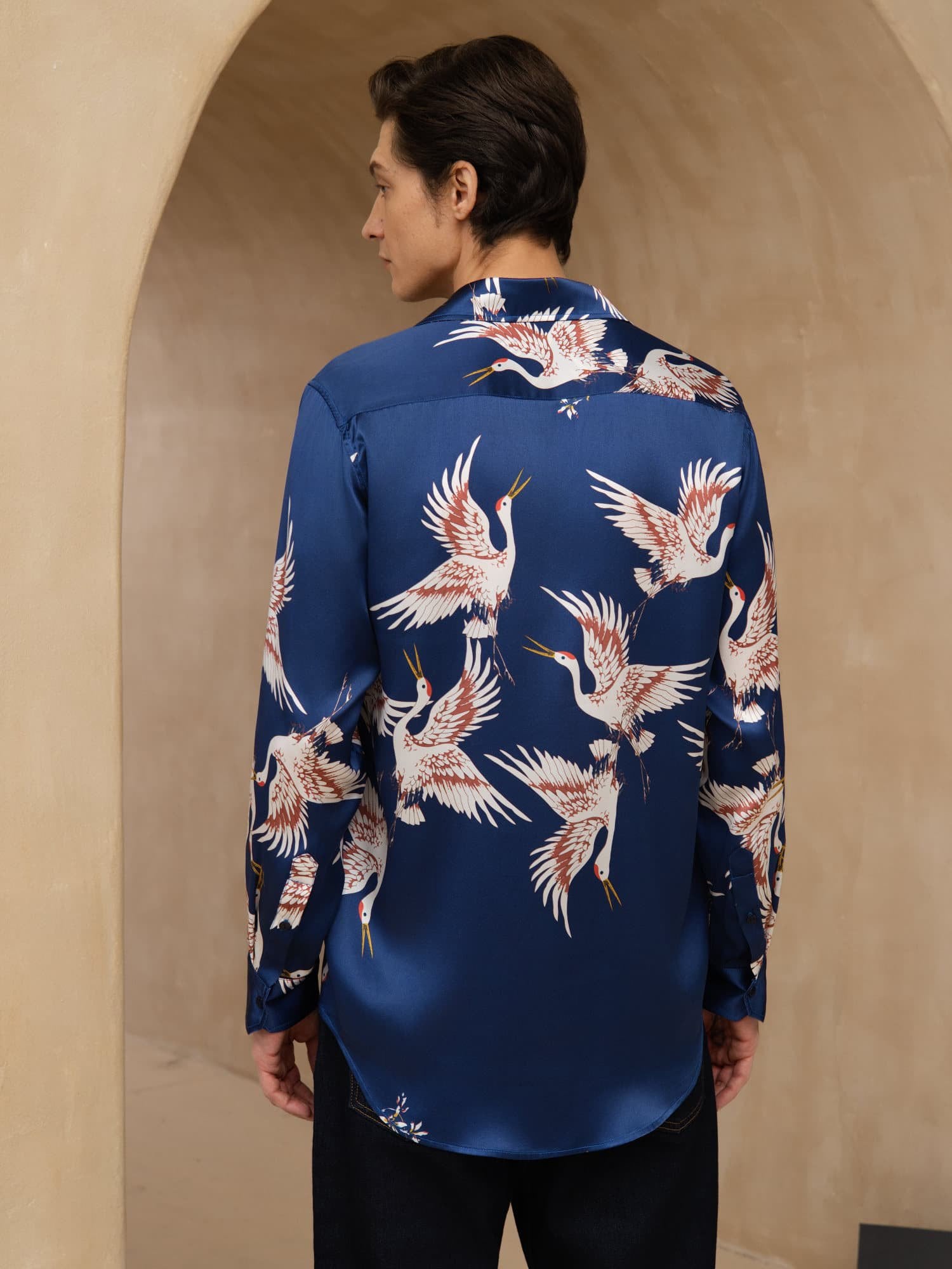 [Donkerblauw] SilkSilky-NL 19Momme Lange Mouw Reverskraag Heren Shirt 002