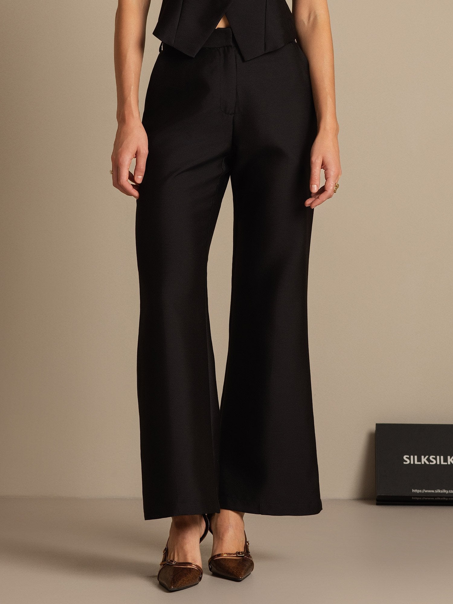 [Zwart] SilkSilky-NL 32Momme Silk-Wool Blend Womens Pants 003,