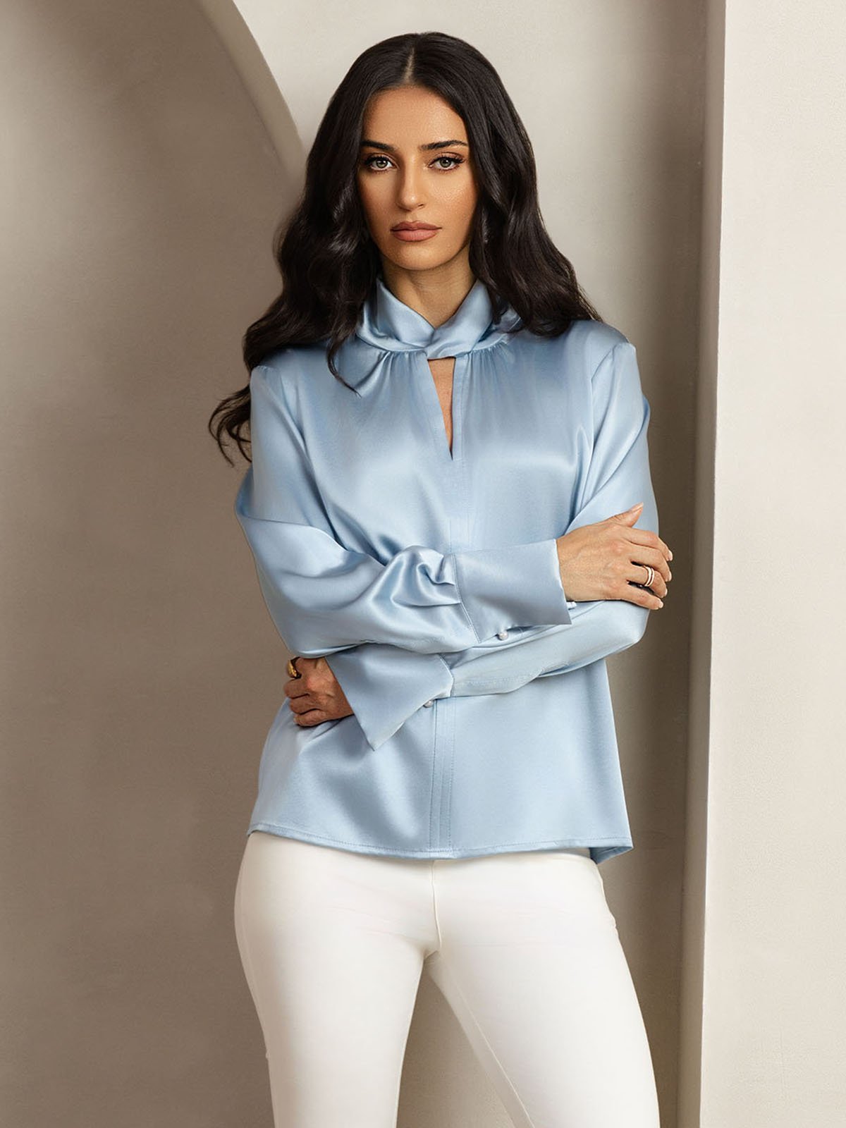 [GrijsachtigBlauw] SilkSilky-NL 19Momme Zijde Womens Shirt 006