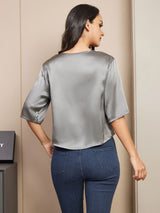 [Donkergrijs] SilkSilky-NL Halve Mouw Diepe Ronde Hals Dames T-Shirt 002