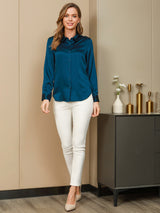 [Koningsblauw] SilkSilky-NL Long Sleeve Lapel Collar Dames Blouse 005