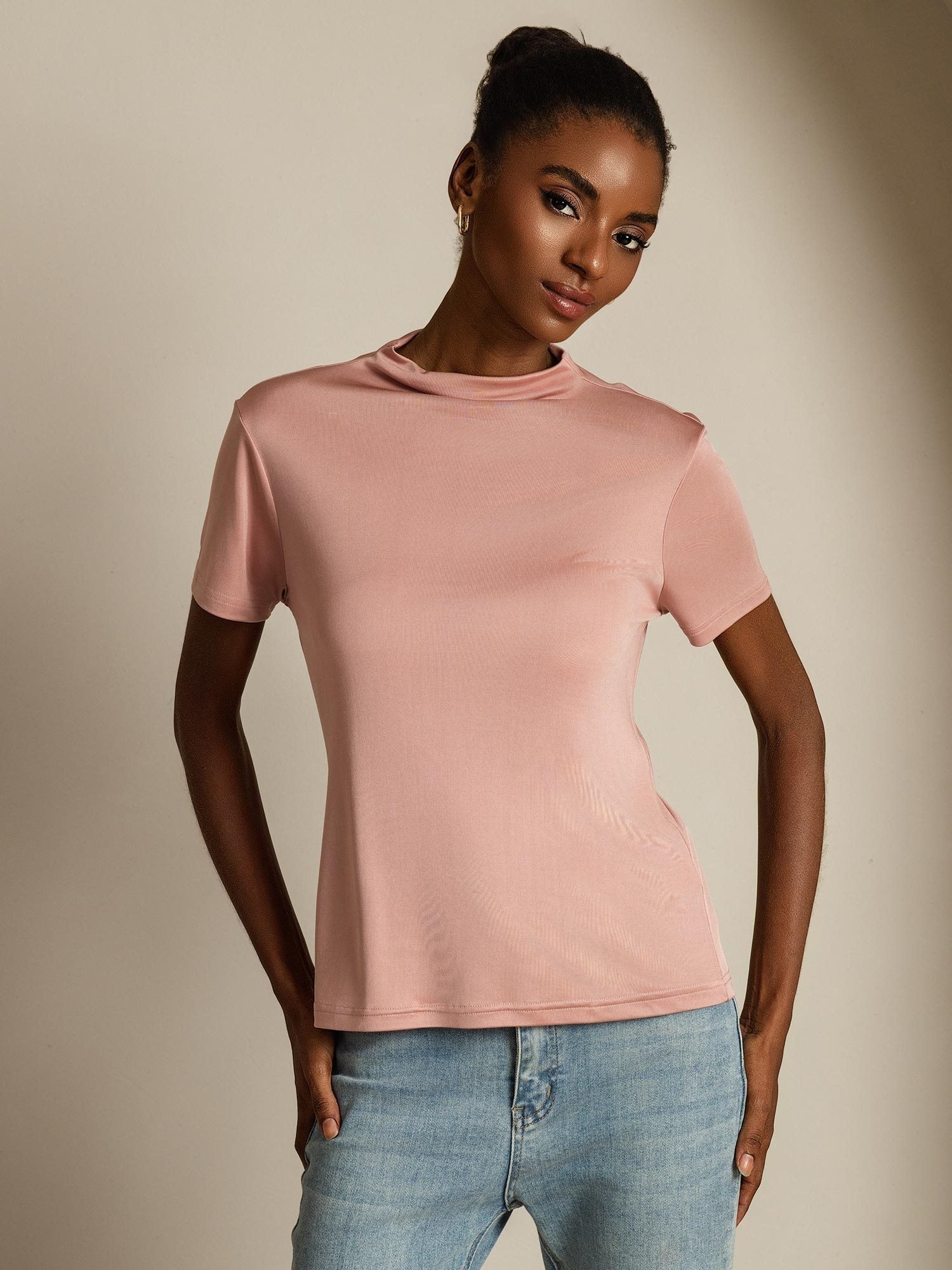 [Roze] SilkSilky-NL Zijde Kraag Dames T-Shirt 008