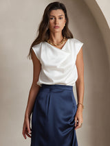 [Wit] SilkSilky-NL Cap Sleeve Cowl Neck Dames T-Shirt 001