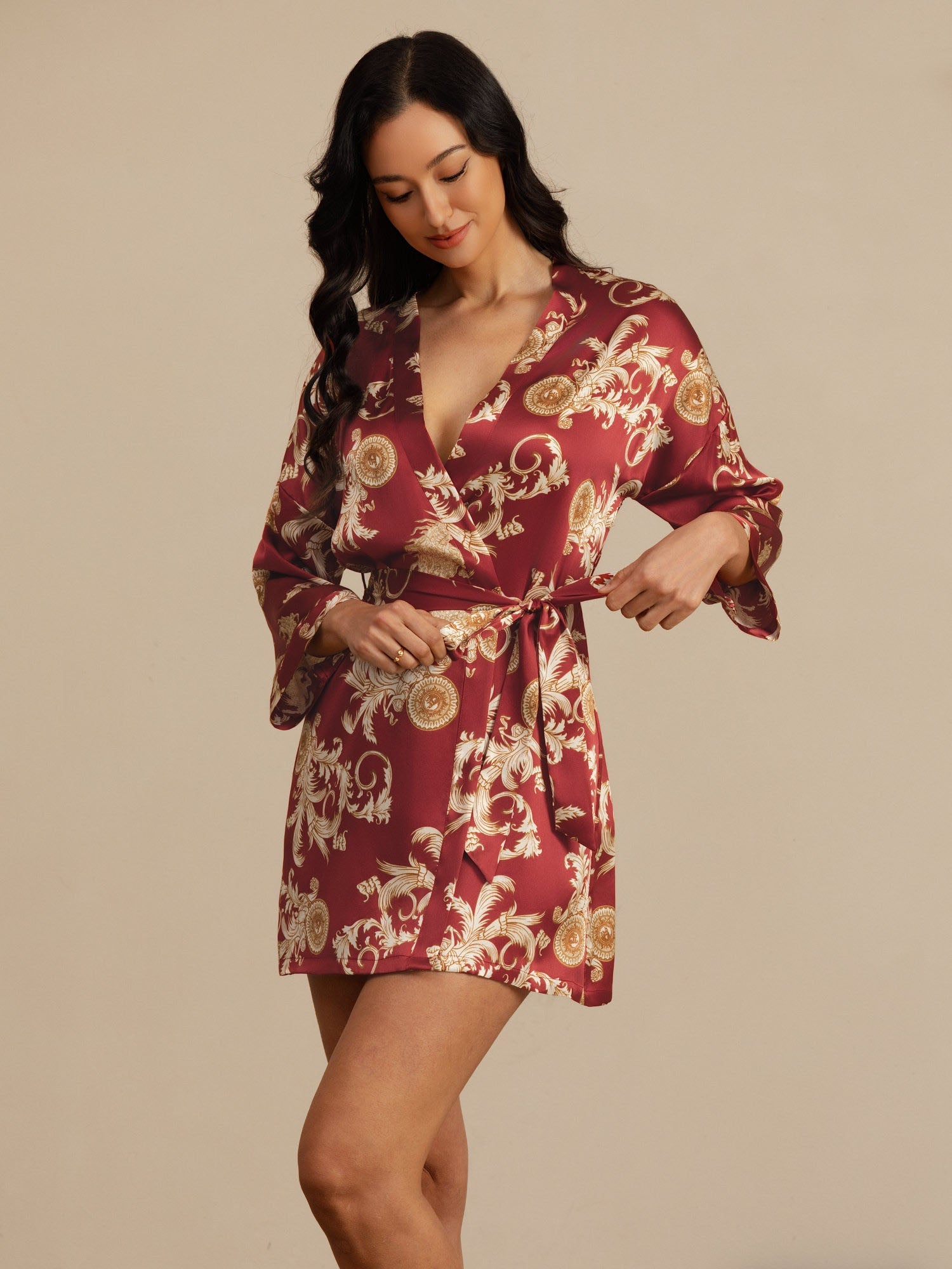 [Wijnrode Draak] SilkSilky-NL 3/4 Mouw Dames Kamerjas 005