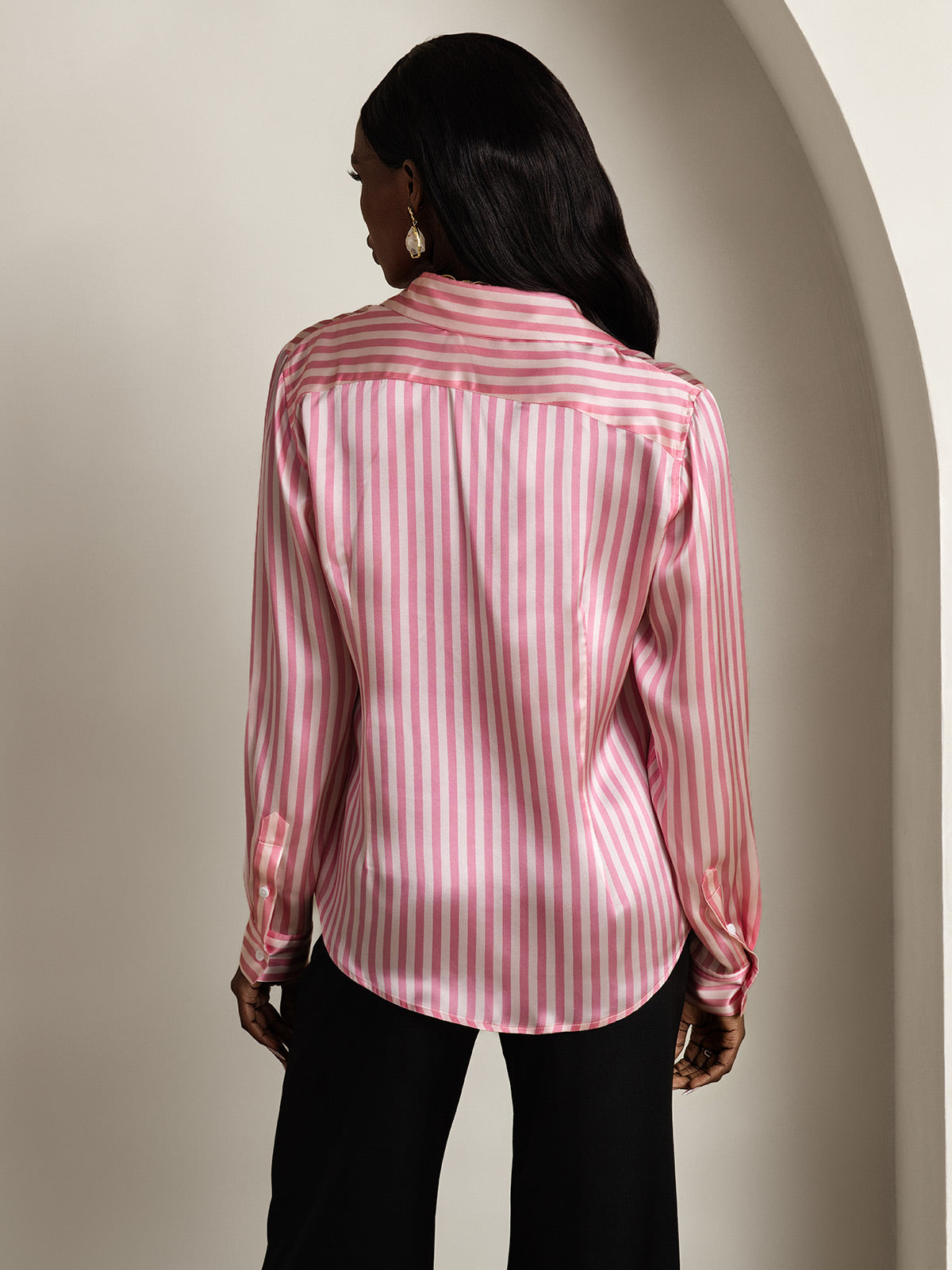 [Roze Streep] SilkSilky-NL Long Sleeve Lapel Collar Dames Blouse 002
