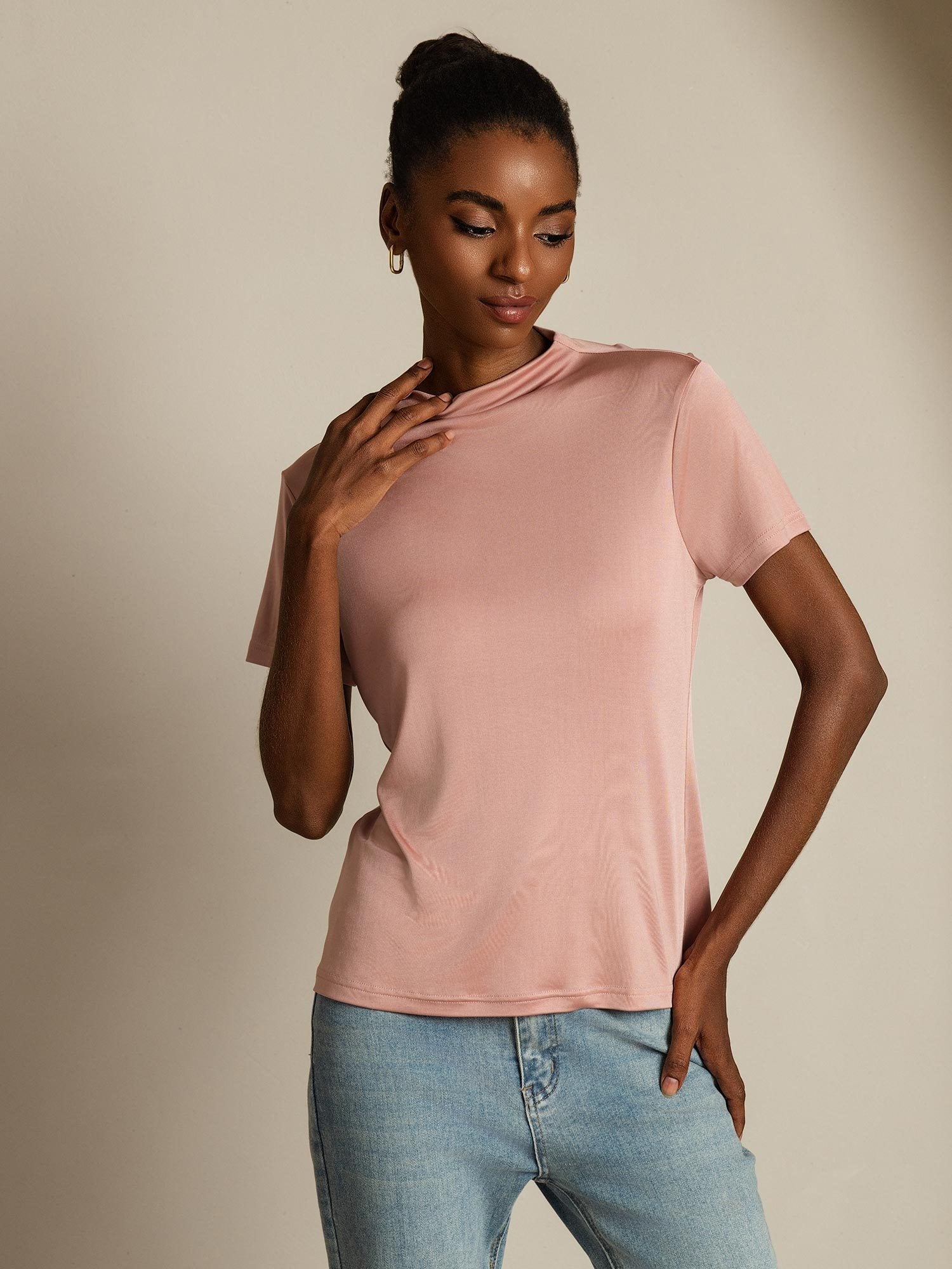 [Roze] SilkSilky-NL Zijde Kraag Dames T-Shirt 005