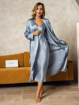 [Grijsachtig Blauw] SilkSilky-NL Long Sleeve V Neck Nachthemd&Kamerjas Set 006