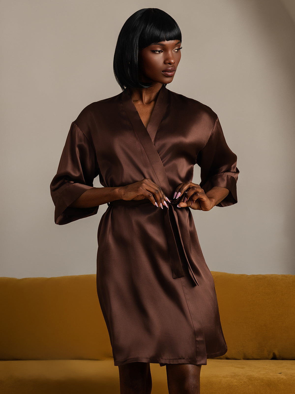 [Koffie] SilkSilky-NL Pure Silk Halve Mouw Womens Robe 005