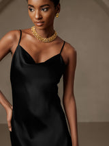 [Zwart] SilkSilky-NL Spaghetti Bandjes Waterval Hals Jurk 007