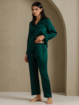 [Donkergroen] SilkSilky-NL Long Sleeve Lapel Collar Dames Pyjama Set 003