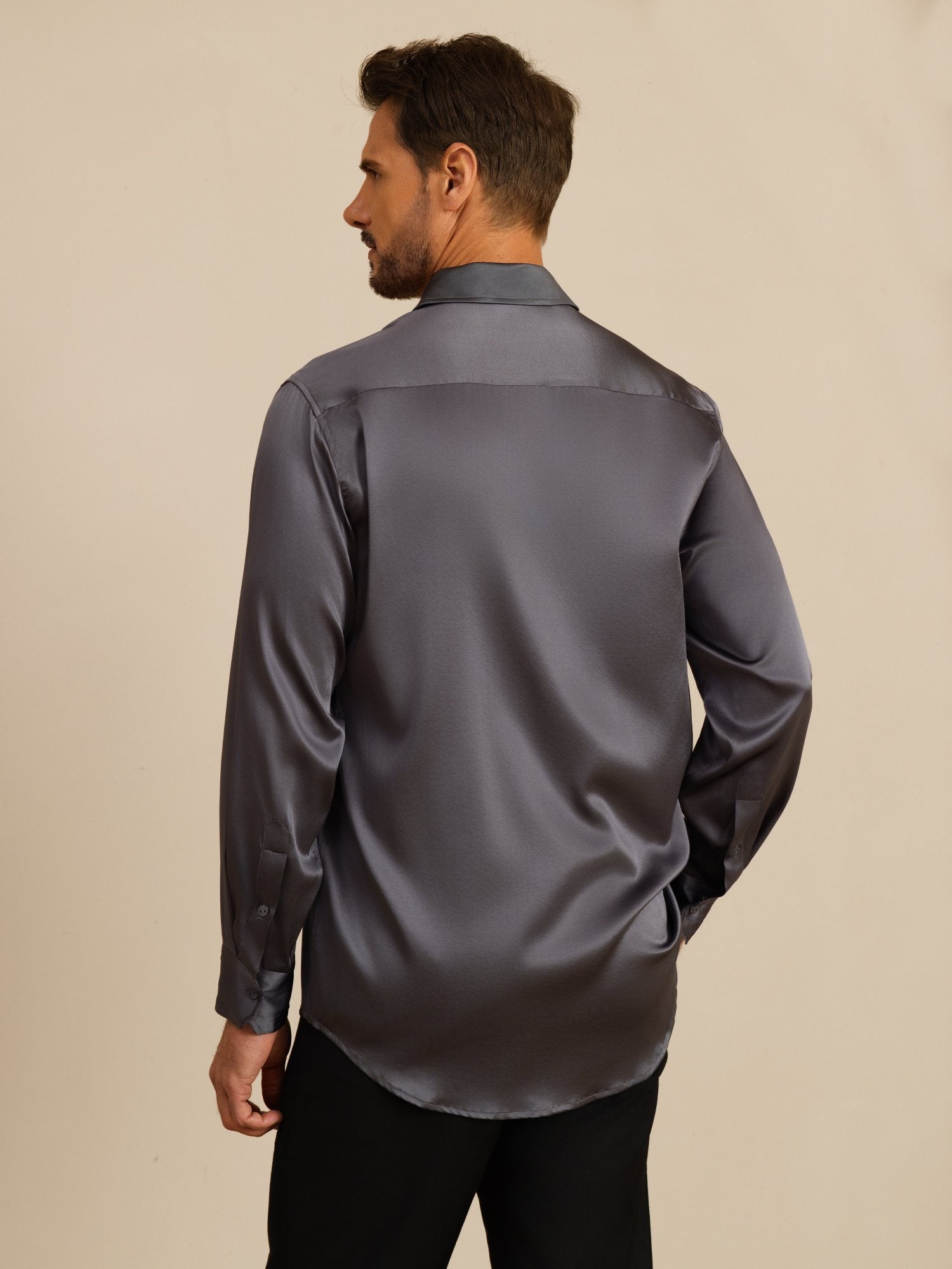 [Donkergrijs] SilkSilky-NL 19Momme Lange Mouw Reverskraag Heren Shirt 002