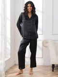 SilkSilky-NL Lange Mouw Revers Dames Pyjama Set Zwart 003