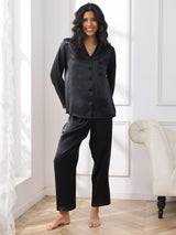 [Zwart] SilkSilky-NL Long Sleeve Lapel Collar Dames Pyjama Set 003