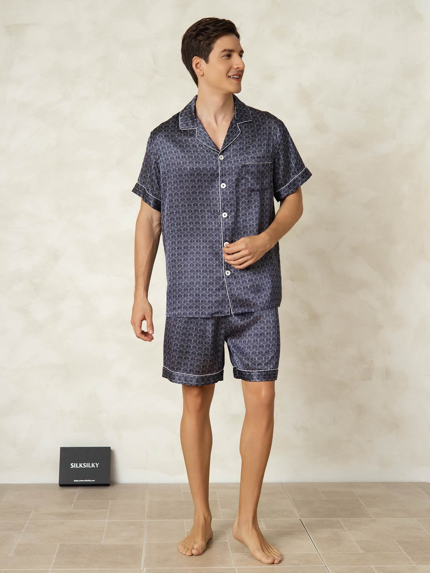 [MarineGinkgo] SilkSilky-NL Zijde Kraag Heren Pyjama Set 006