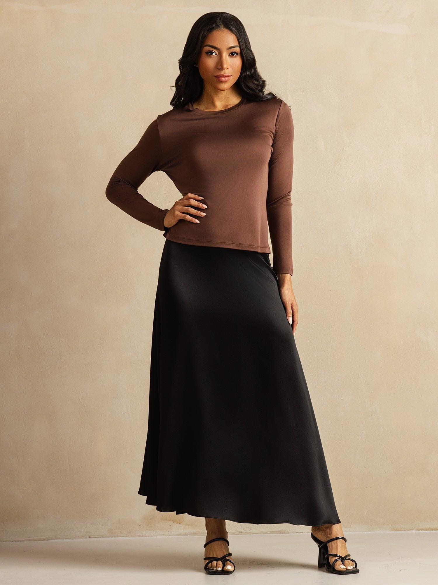 [Koffie] SilkSilky-NL Lange Mouw Crew Hals Dames T-Shirt 008