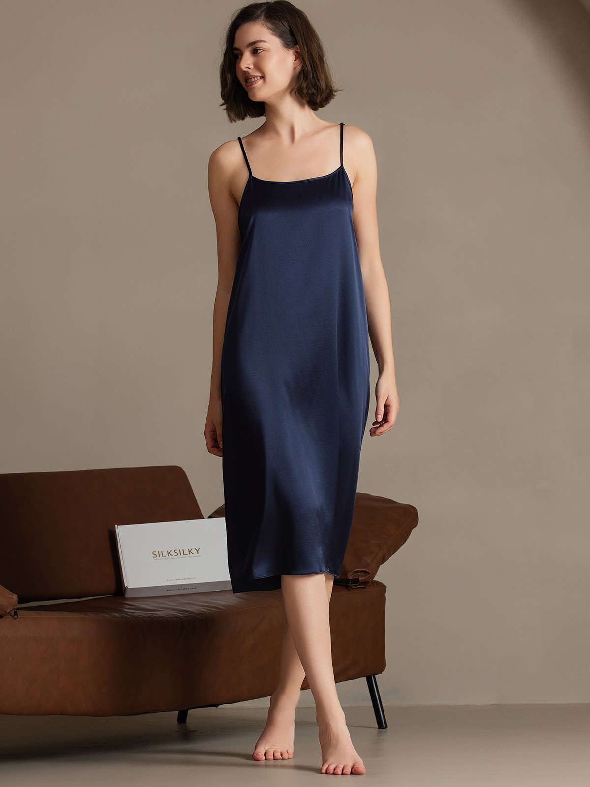 [Donkerblauw] SilkSilky-NL 19Momme Zijde Mouwloos Dress 007