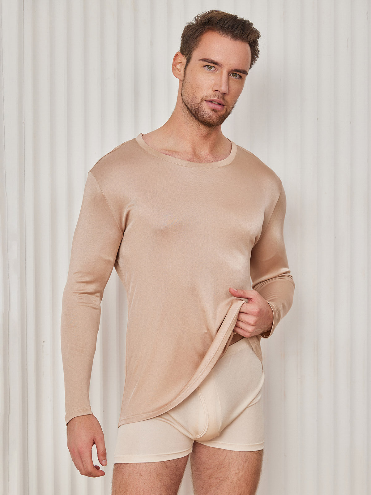 [Beige] SilkSilky-NL Zijde Gebreid Ronde Hals Heren T-Shirt 001