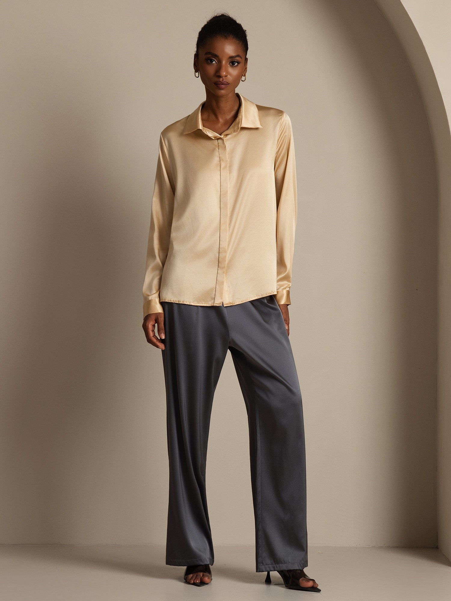 [Champagne] SilkSilky-NL 19Momme Zijde Kraag Dames Blouse 008