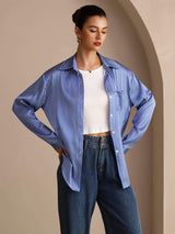 [Blauwe Krijtstreep] SilkSilky-NL Long Sleeve Lapel Collar Dames Blouse 005