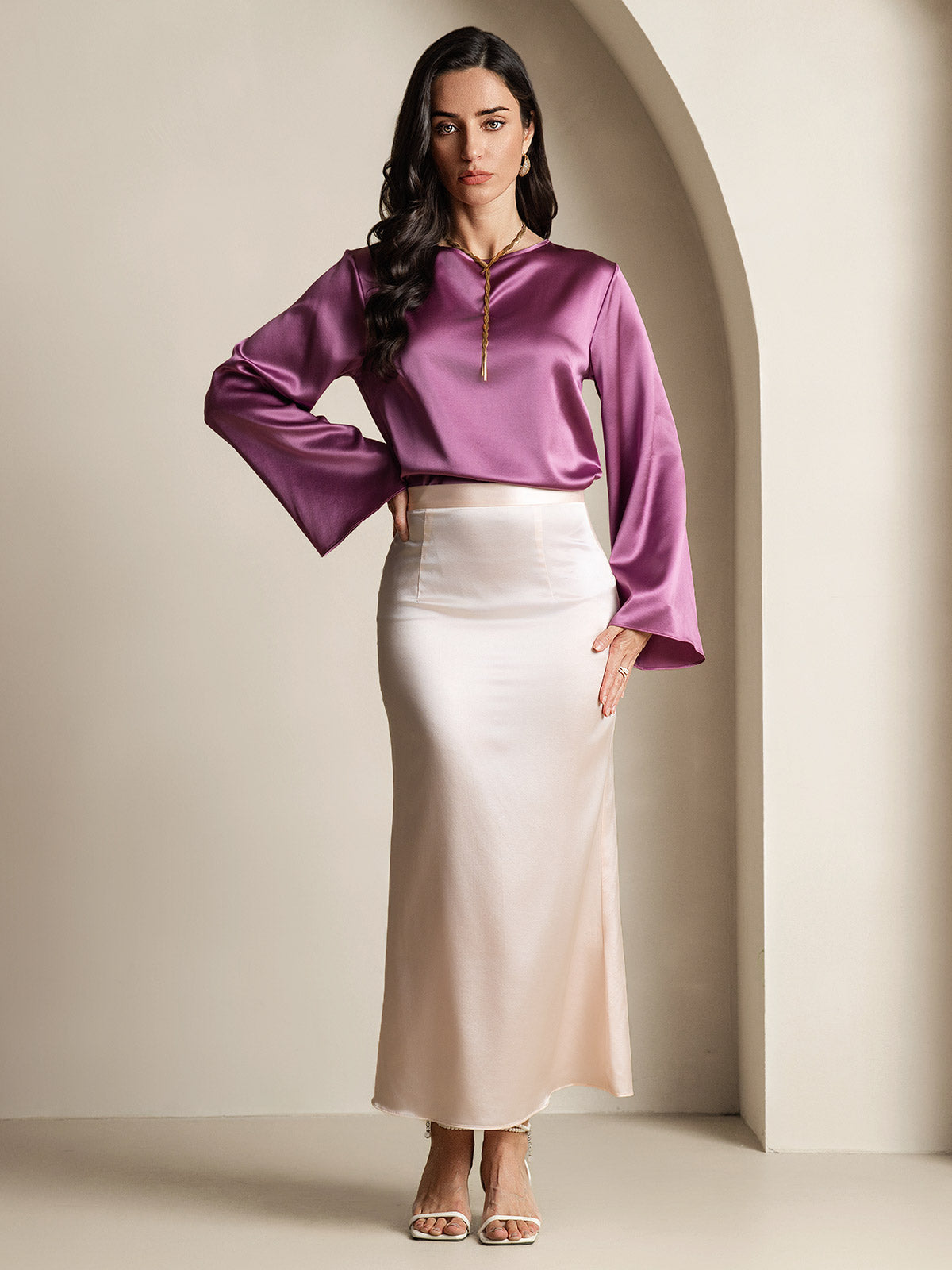 [Donkerpaars] SilkSilky-NL 19Momme Lange Mouw Boat Hals Blouse 008