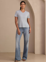 [Grijsachtig Blauw] SilkSilky-NL Short Sleeve V Neck Dames T-Shirt 006