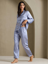 [Staal Blauw] SilkSilky-NL Long Sleeve Lapel Collar Dames Pyjama Set 007