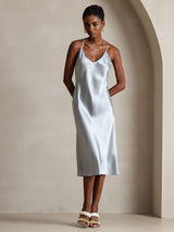 [Grijsachtig Blauw] SilkSilky-NL Pure Silk Mouwloos V-Hals Jurk 001