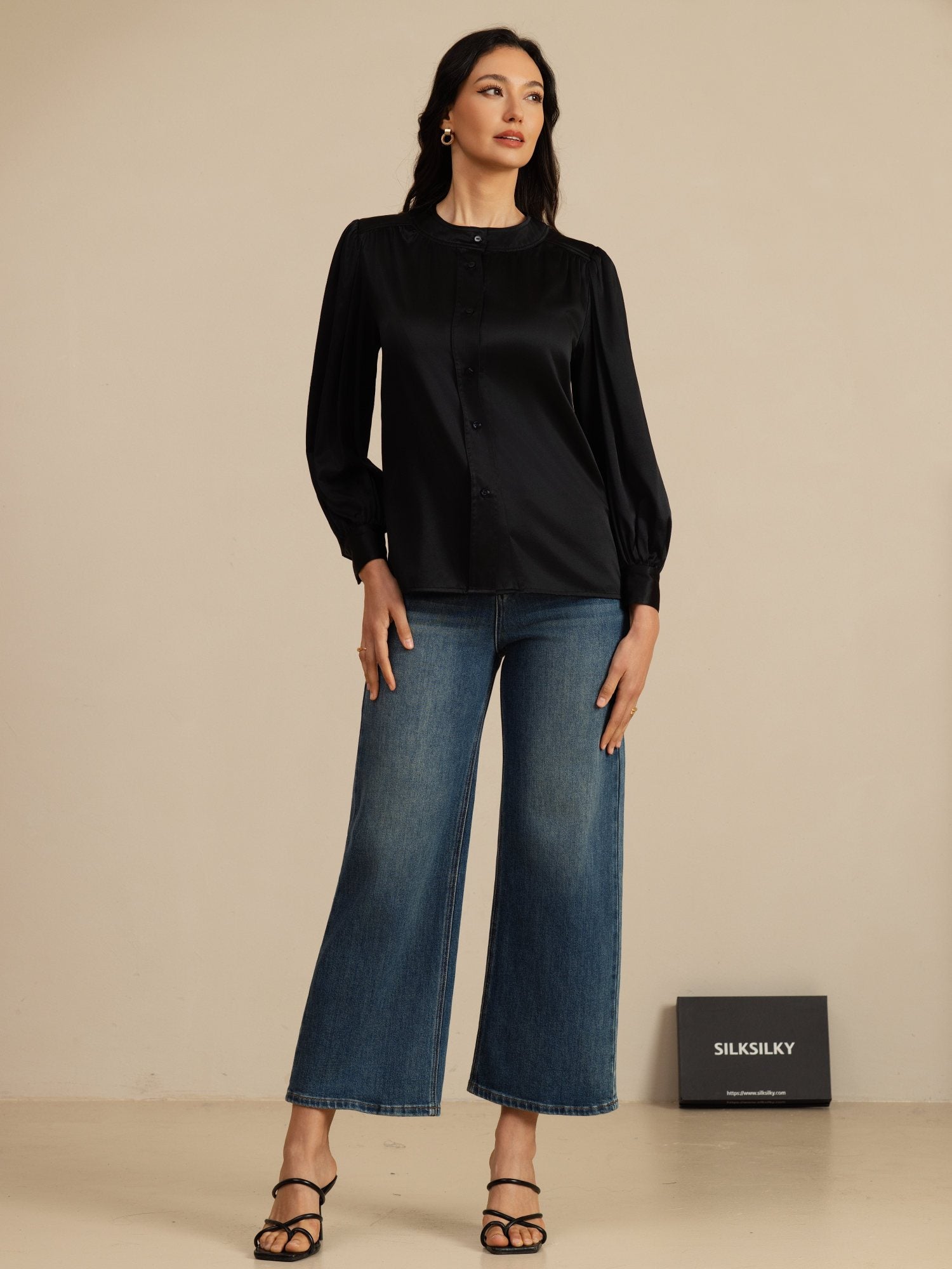 [Zwart] SilkSilky-NL 19Momme Long Sleeve Round Neck Blouse 005