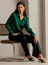 [Donkergroen] SilkSilky-NL Long Sleeve Lapel Collar Dames Blouse 001