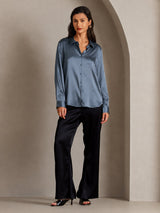 [Echt Petrol] SilkSilky-NL Long Sleeve Lapel Collar Dames Blouse 001