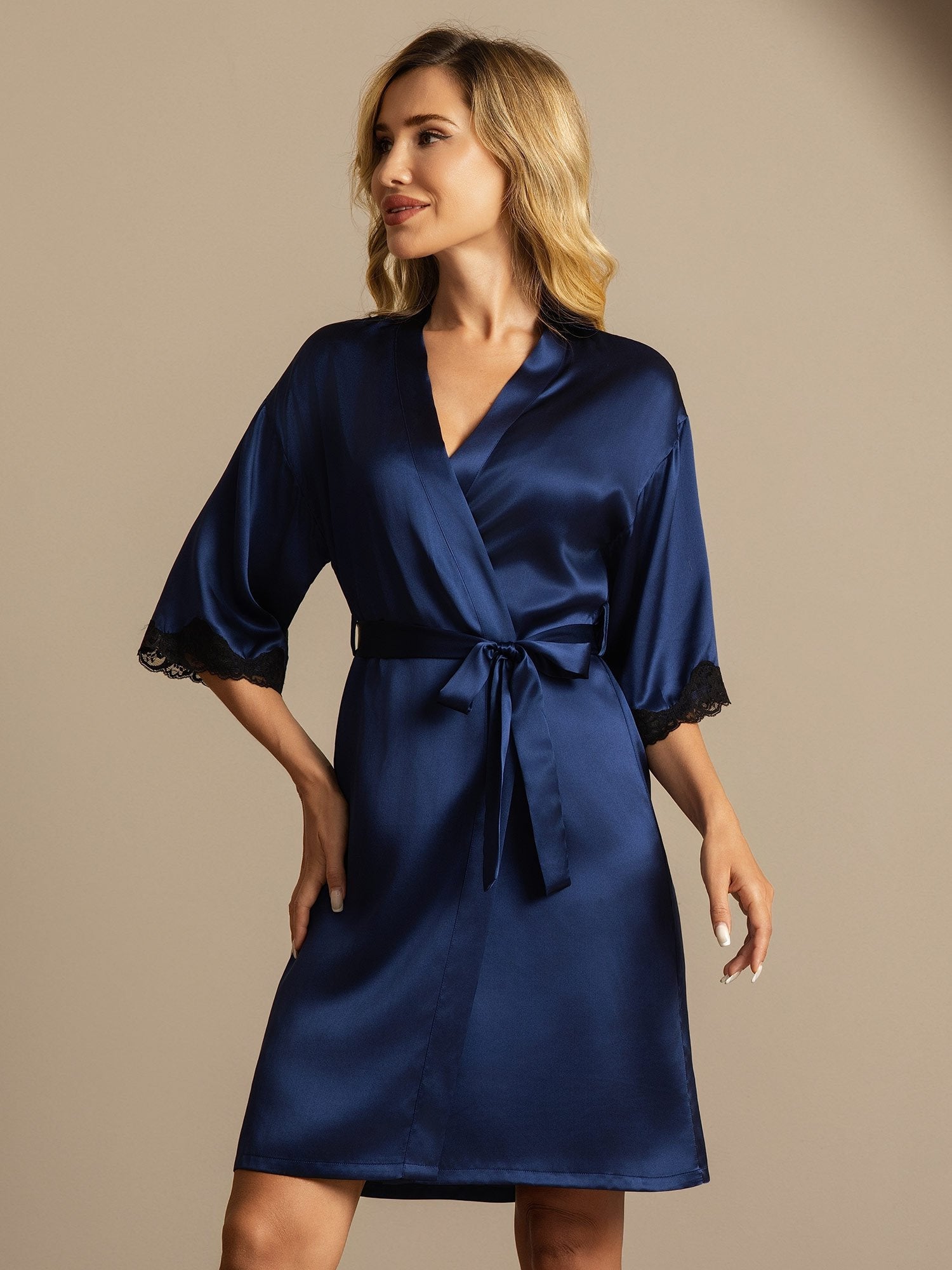 [Donkerblauw] SilkSilky-NL Halve Mouw Dames Kamerjas 005