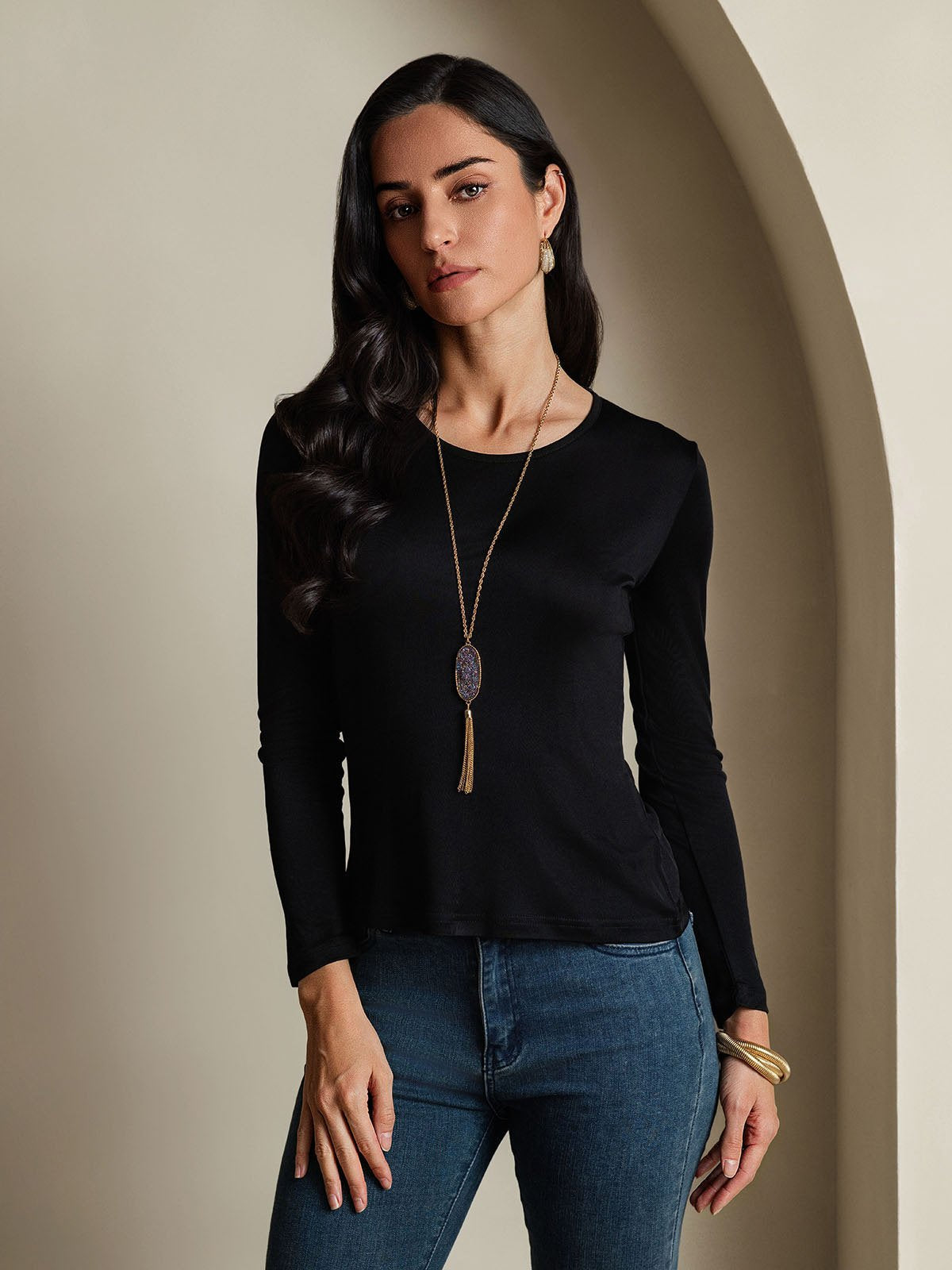 [Zwart] SilkSilky-NL Zijde Ronde Hals Dames T-Shirt 003