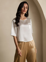 [Wit] SilkSilky-NL Halve Mouw Diepe Ronde Hals Dames T-Shirt 005