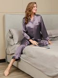 SilkSilky NL Pure Silk Lange Mouw Revers Dames Pyjama Set PaarsGrijs 001