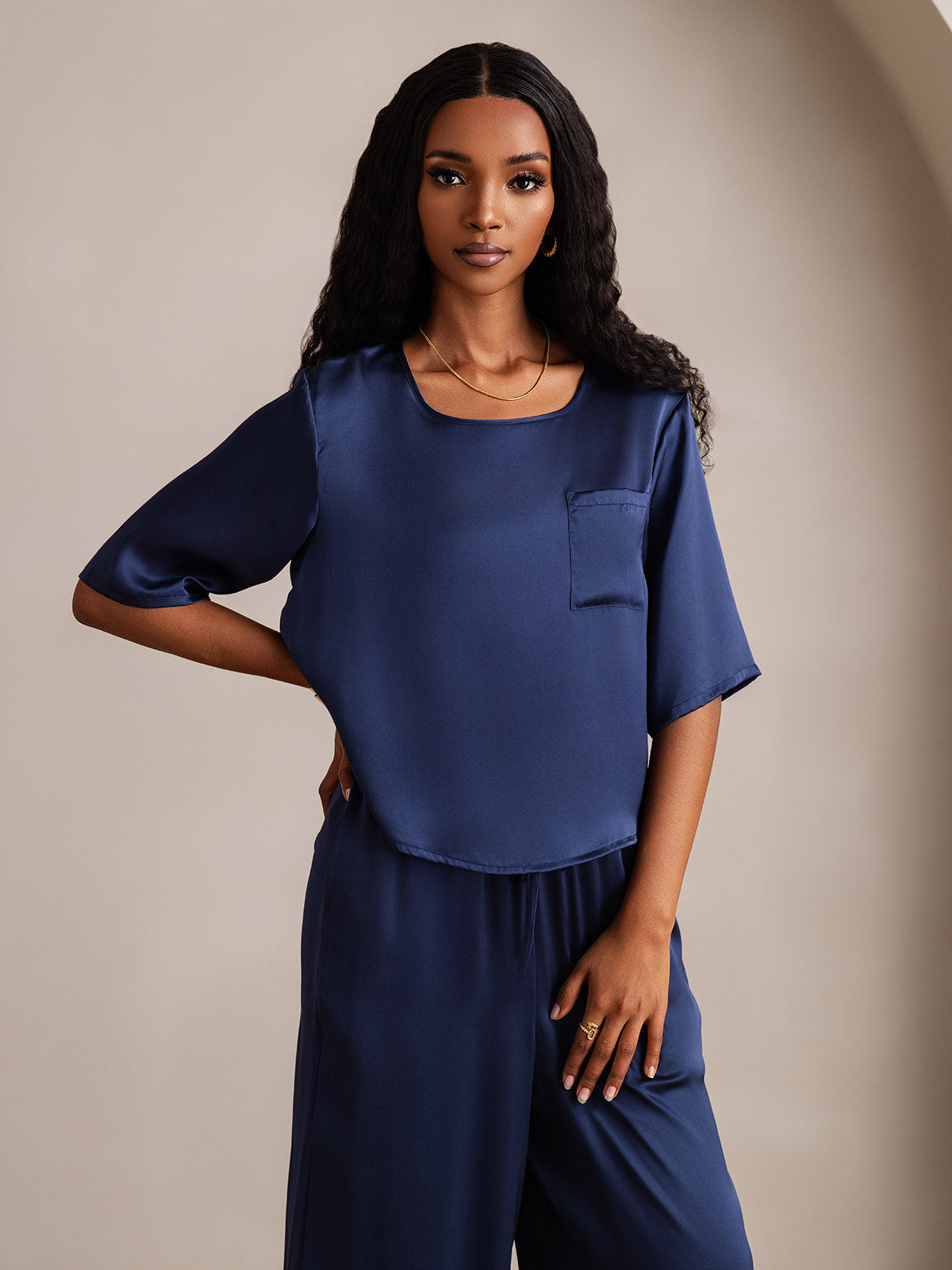 [Donkerblauw] SilkSilky-NL Ronde Hals Dames Pyjama Set 007