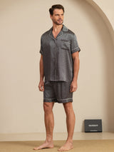[Zwarte Ginkgo] SilkSilky-NL Short Sleeve Lapel Collar Heren Pyjama Set 004