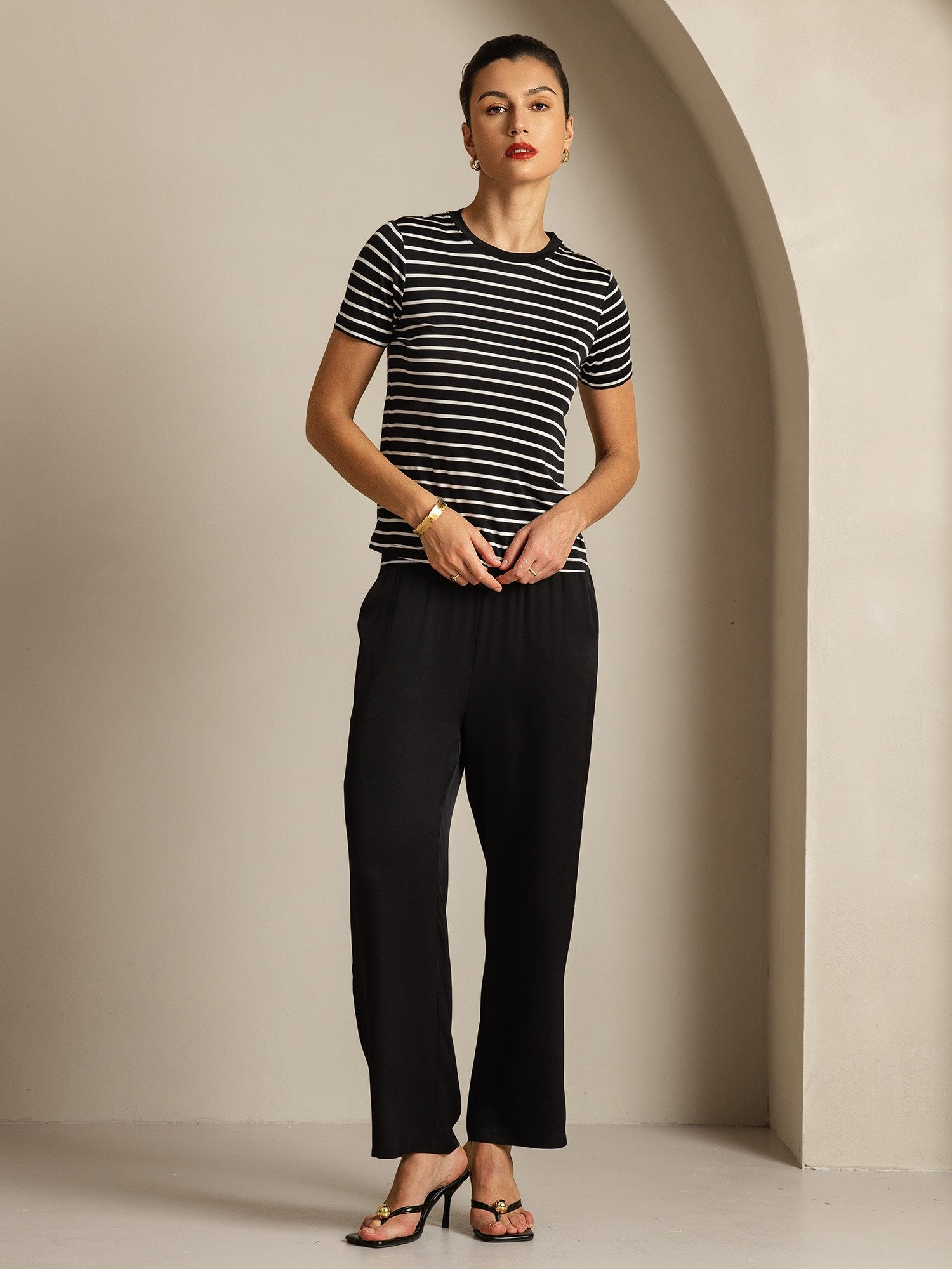 [ZwarteStreep] SilkSilky-NL Zijde Ronde Hals Dames T-Shirt 008