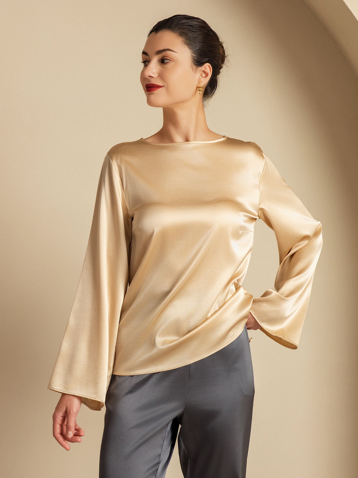 [Champagne] SilkSilky-NL 19Momme Zijde Ronde Hals Dames T-Shirt 005
