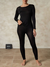 [Zwart] SilkSilky-NL Lange Mouw Ronde Hals Dames Lange Onderkleding 001