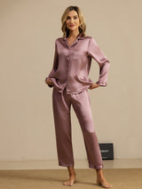 [Bleek Mauve] SilkSilky-NL Long Sleeve Lapel Collar Dames Pyjama Set 001