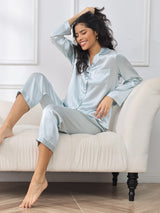 [Lichtblauw] SilkSilky-NL Long Sleeve Lapel Collar Dames Pyjama Set 001