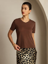 [Koffie] SilkSilky-NL Short Sleeve V Neck Dames T-Shirt 007