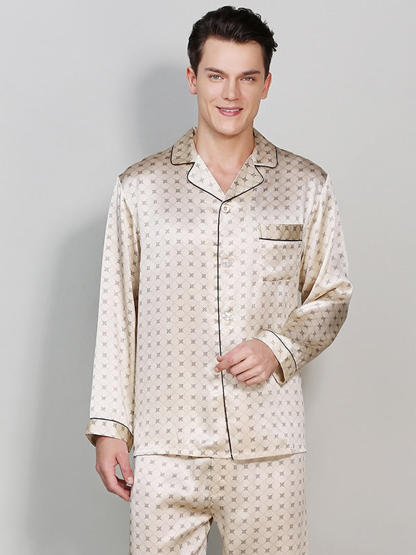 [Champagne] SilkSilky-NL Pure Silk Lange Mouw Revers Heren Pyjama Set 002