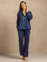 [Donkerblauw] SilkSilky-NL 19Momme Lange Mouw Notchkraag Dames Pyjama Set 003