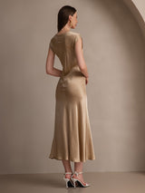 [Champagne] SilkSilky-NL Kapmouwtjes Diepe Ronde Hals Jurk 002