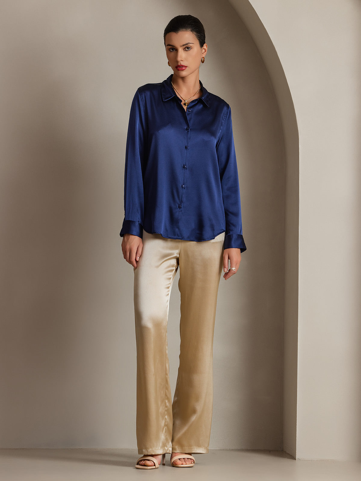 [Donkerblauw] SilkSilky-NL 19Momme Lange Mouw Reverskraag Dames Blouse 004