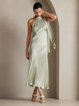 [Lichtgroene] SilkSilky-NL 19Momme Stretch Silk Charmeuse Sleeveless Tie Neck Jurk 005