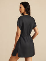[Zwart] SilkSilky-NL 18Momme Kapmouwtjes Henley-hals Jurk 002